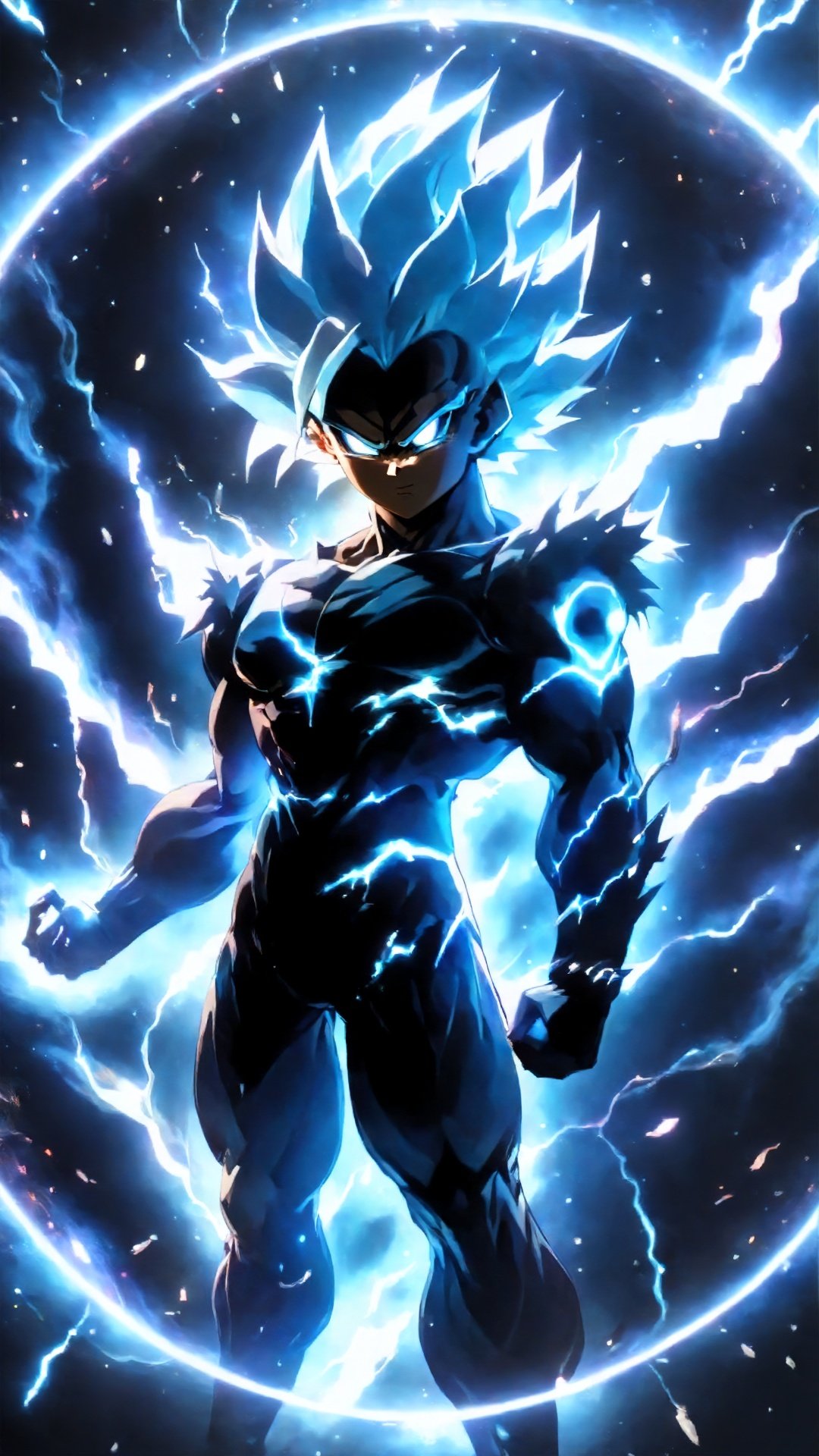 (Conceptualization, anime style :1.5) Central circle composition (Advanced color :1.5)(Complex Detail :1.5) Virtual likeness of the supernatural energy of the humanoid Super Saiyan, whose body no longer presents a concrete outline, but is integrated into an illusory cosmic element. Light, nebulae, and lightning wound around his body, creating the appearance of a cosmic force. The silhouette of the body is constantly changing, as if it were a digital image in a virtual world