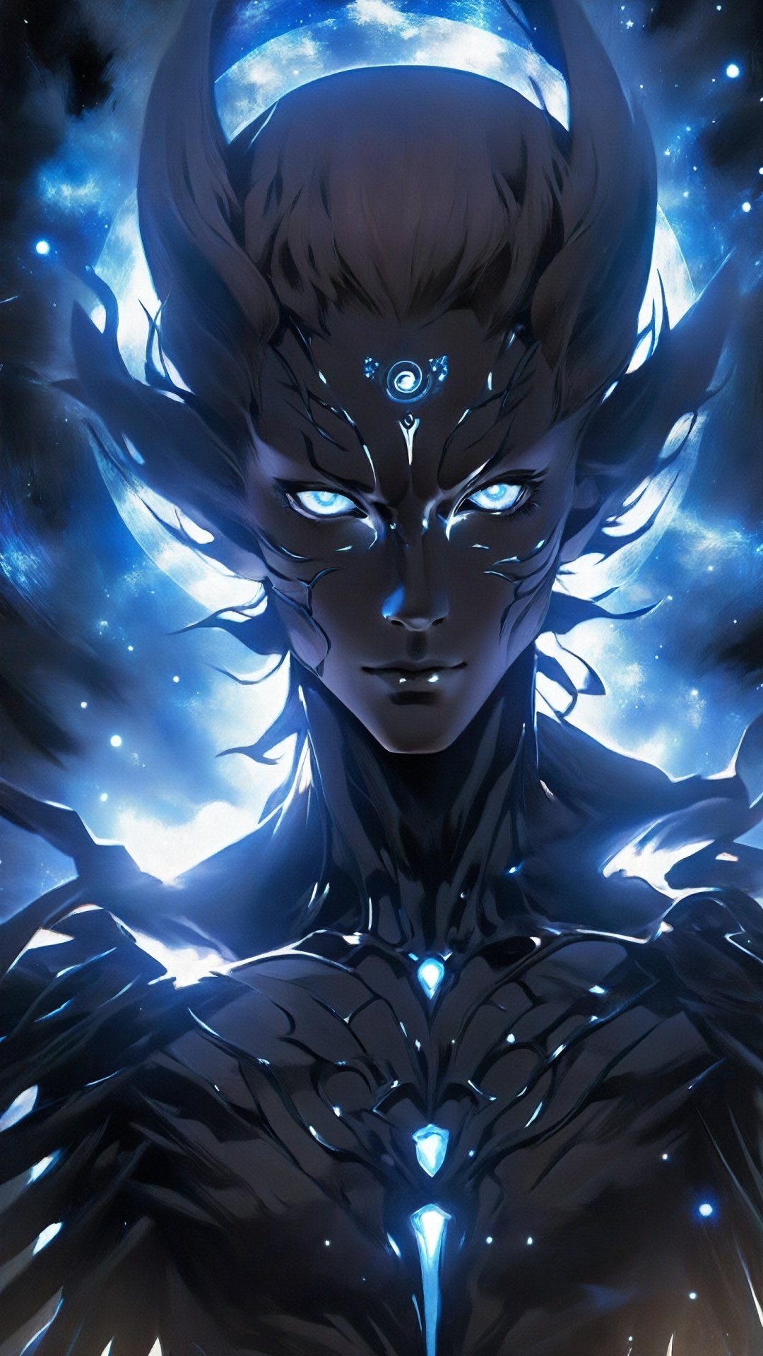 (Conceptualized, Fantasy style: 1.5) Advanced color, a slender human figure with no specific face shape, only two glowing blue eyes. These eyes gleamed in the dark, emitting a mysterious light. The outline of the body is faintly visible, but the overall anonymity is strong, giving it a supernatural feel. The glow of the eyes makes one wonder about the universe and philosophy