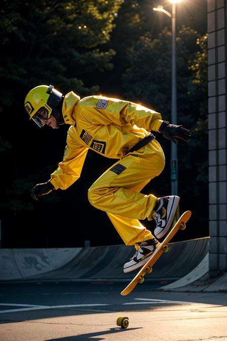 man dressed in radioactive hazmat suit jumping on skateboard, skateboard trick, frontside air, frontside ollie, 70's style, super realistic, super detailed, 8k, ,RAW,photographic,photo shadows,realistic,absurdres,aesthetic,elegant