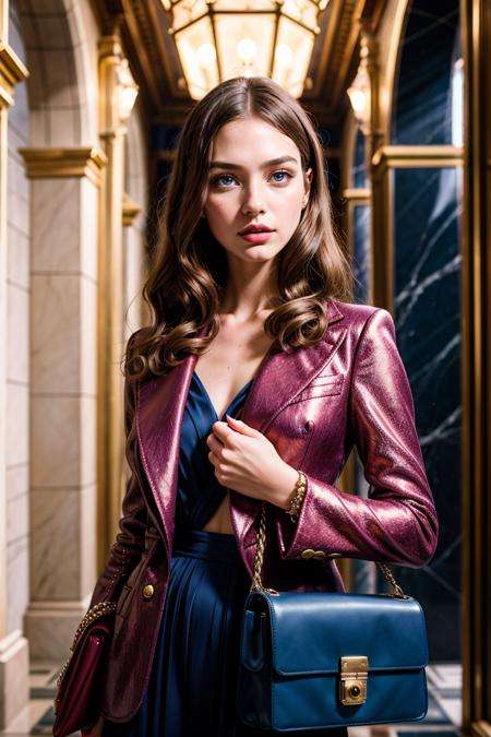 photo RAW,(a glamorous girl, vogue photoshoot of a luxury bag , surreal art background,wes anderson style), masterpiece, award winning photography, lighting, perfect composition, high detail, hyper realistic,dramatic lighting, epic, Burgundy and dark_blue colors