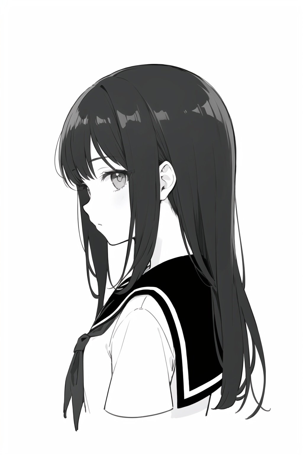  (low contrast, black and white, line draft: 1.2),masterpiece, best quality,black hair,(mature female), 1girl,upper body,solo,looking at viewer, school uniform,  long straight hair,(profile:0.8)