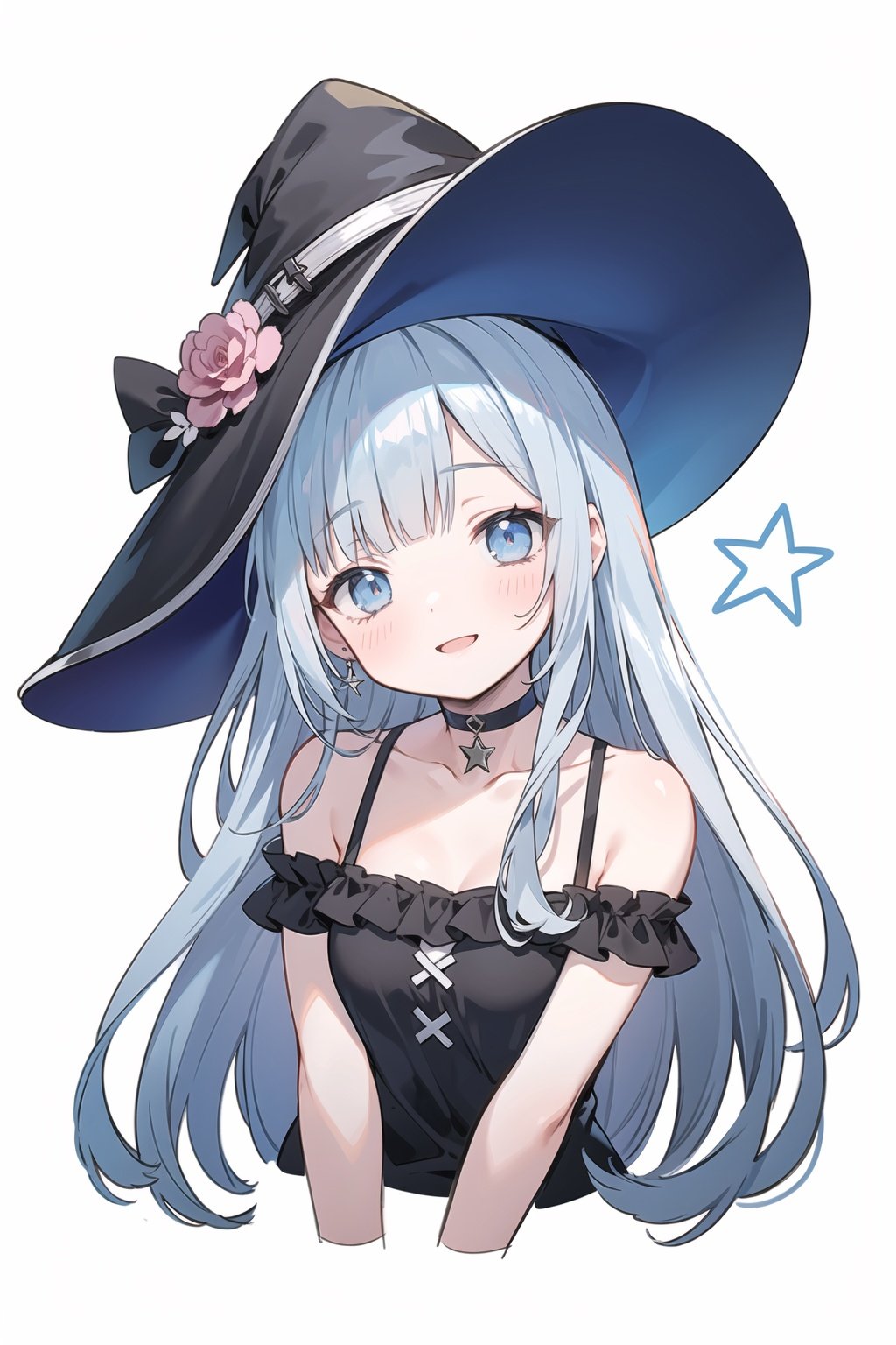 :),Shy, blushing,half-closed eyes ,masterpiece , best quality  , (1girl) , ( long blue hair) , blunt bangs , blue eyes , witch hat , head tilt , albino , [watercolor] , choker 