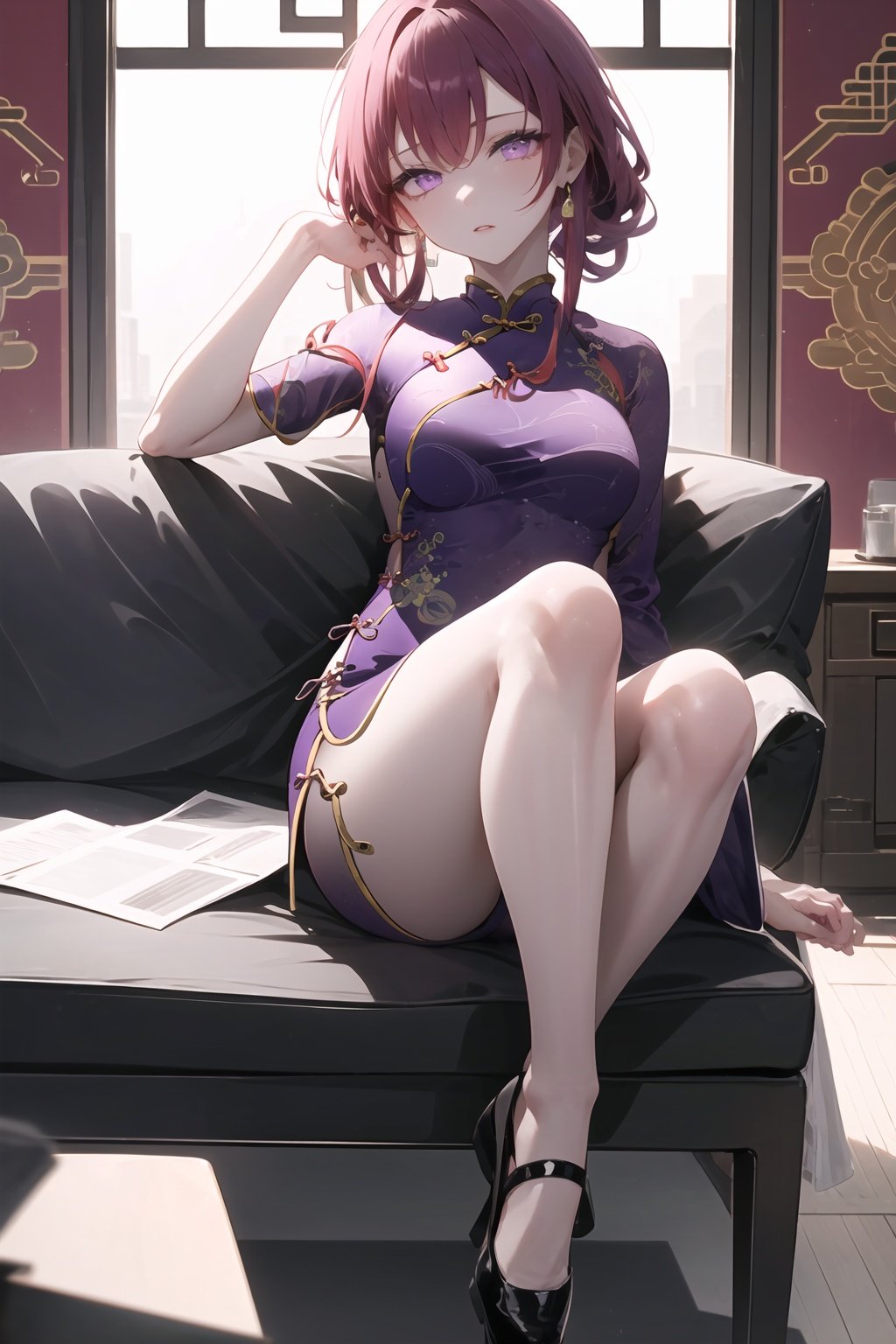 1girl,masterpiece,extremely detailed CG unity 8k wallpape,<lora:眼睛双:0.8>,best quality,(looking_at_viewer:1.1),<lora:kafuka-mix:0.6>,kafukalike,purple hair,purple eyes,(cheongsam:1.4),full body,(sitting:1.3),