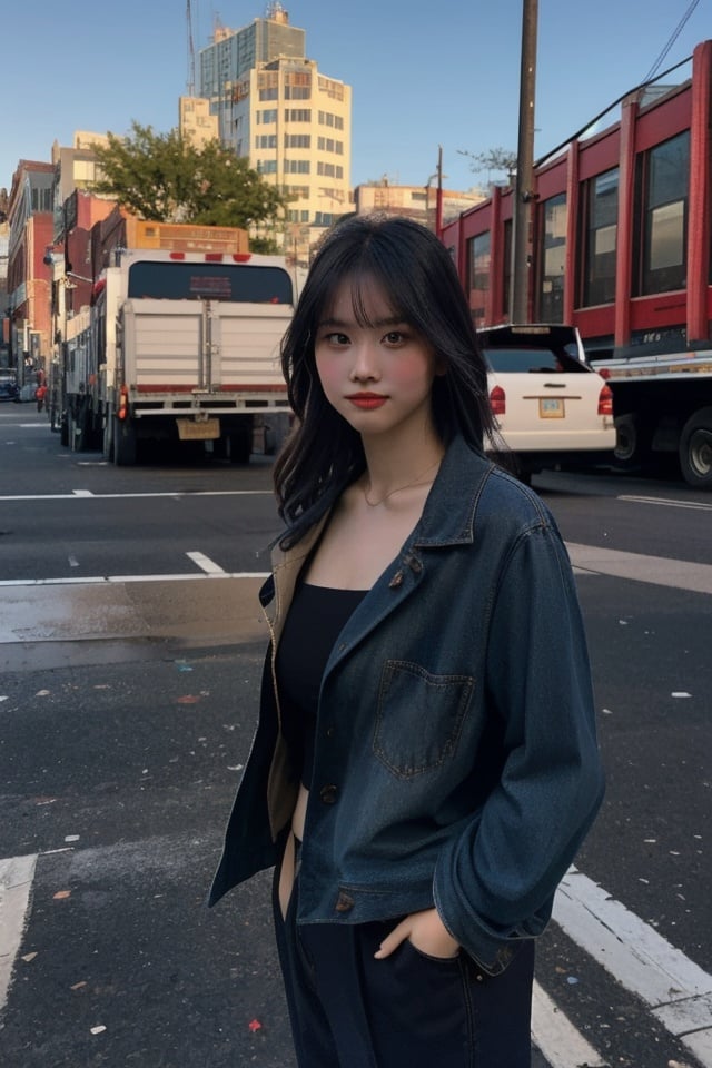 glamour photo of ccreamlike, amidst a bustling city, upper body framing, in a street photography setting, golden hour lighting:1.3), shot at eye level, on a Fujifilm X-T4 with a 50mm lens, ,momo, sexy, cowboy shot