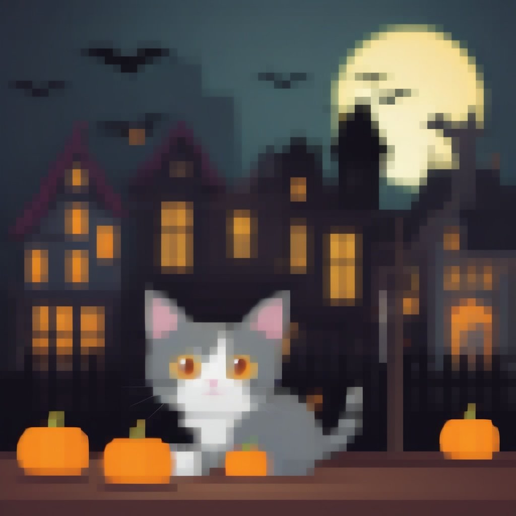 a cute cat,  halloween background,  town by nocor1i8 on Tensor.Art