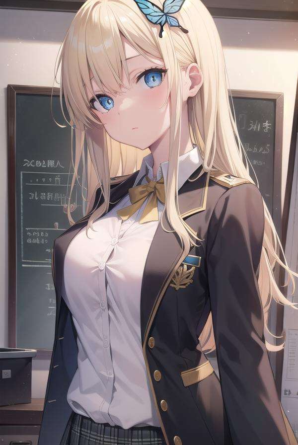 senakashiwazaki, <lora:senakashiwazakitest:1>, sena kashiwazaki, blonde hair, butterfly hair ornament, hair ornament, long hair,BREAK blazer, jacket, open clothes, open shirt, school uniform, shirt, skirt, sleeves past wrists, st. chronica academy school uniformBREAK looking at viewer,BREAK classroom,BREAK <lyco:GoodHands-beta2:1>, (masterpiece:1.2), best quality, high resolution, unity 8k wallpaper, (illustration:0.8), (beautiful detailed eyes:1.6), extremely detailed face, perfect lighting, extremely detailed CG, (perfect hands, perfect anatomy),