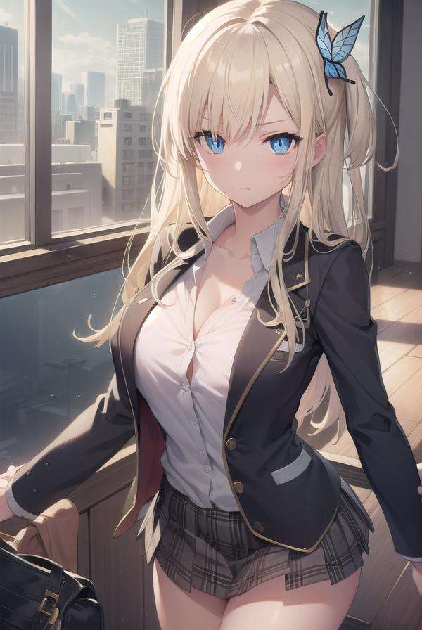 senakashiwazaki, <lora:senakashiwazakitest:1>, sena kashiwazaki, blonde hair, butterfly hair ornament, hair ornament, long hair,BREAK blazer, jacket, open clothes, open shirt, school uniform, shirt, skirt, sleeves past wrists, st. chronica academy school uniformBREAK looking at viewer,BREAK classroom,BREAK <lyco:GoodHands-beta2:1>, (masterpiece:1.2), best quality, high resolution, unity 8k wallpaper, (illustration:0.8), (beautiful detailed eyes:1.6), extremely detailed face, perfect lighting, extremely detailed CG, (perfect hands, perfect anatomy),