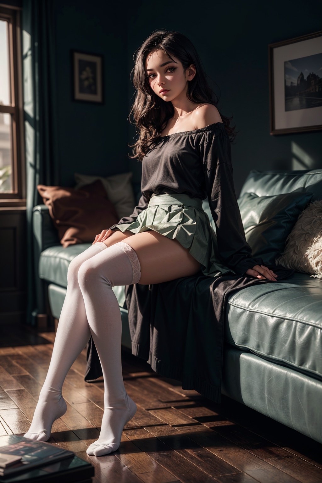 (full body shot:1.3), bokeh:1.2, indoors, (white thigh socks), ((sitting on sofa, facing straight at viewer)), solo, ((wearing circle skirt and over-sized shirt with shoulders showing)),  <lora:more_details:0.4>, <lora:LowRA:0.45>,(22 years old dark skinned African woman), small breast, flowing hair glamour, (green  eyes, beautiful eyes), beautiful face, perfect illumination, beautiful detailed eyes, looking at viewer, stunningly beautiful woman, detailed hairstyle, realistic_detailed_skin_texture,  good hands,  good feet, (8k, RAW photo, best quality, masterpiece:1.2), (realistic, photo-realistic:1.37), ultra high res, photon mapping, radiosity, physically-based rendering, (ambient light:1.3), (cinematic composition:1.3),professional soft lighting, light on face, <lora:oversized_sweater:0.3>