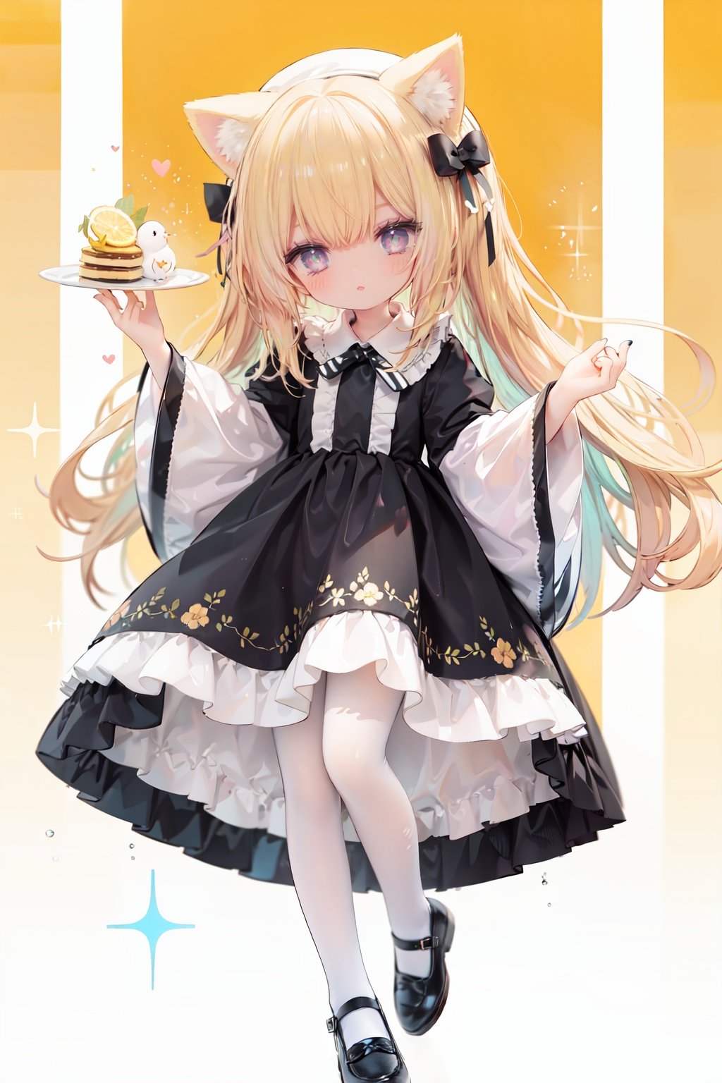 (cinematic lighting),  dreamy atmosphere,  Ray tracing,  (((solo))),  (loli:1.5),  (child:1.5),  (petite:1.5),  green eyes,  (animal ears),  dress,  solo,  food,  blonde hair,  open mouth,  long hair,  pancake,  flower,  holding,  bow,  smile,  fork,  bird,  socks,  looking at viewer,  shoes,  striped background,  holding fork,  bonnet,  striped,  frills,  long sleeves,  :d,  yellow dress,  bangs,  eyebrows visible through hair,  blush,  green nails,  hair bow,  nail polish,  diagonal stripes,  chick,  sparkle,  frilled dress,  orange bow,  fruit,  full body,  :3,  hair between eyes,  green bow,  puffy sleeves,  heart,  lemon,  orange footwear,  animal ear fluff,  white bow,  cat ears,  bobby socks,  orange headwear,  see-through sleeves,  blue background,  striped bow,  hair ornament,  white legwear,  mary janes