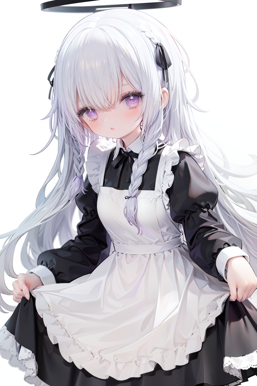 1girl,  solo,  apron,  long hair,  hair over one eye,  white background,  frills,  braid,  halo,  long sleeves,  dress,  simple background,  white hair,  white apron,  puffy sleeves,  very long hair,  frilled apron,  maid,  purple eyes,  ribbon,  parted lips,  maid apron,  bangs,  juliet sleeves,  black dress,  neck ribbon,  looking at viewer,  single braid,  blush