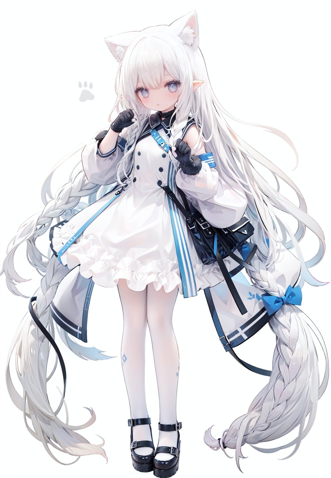 1girl, white_gloves, braid, full_body, gloves, long_hair, official_alternate_costume, pointy_ears, simple_background, solo, standing, very_long_hair, white_background,white hair,blue eyes,paw claw pose, open_mouth,