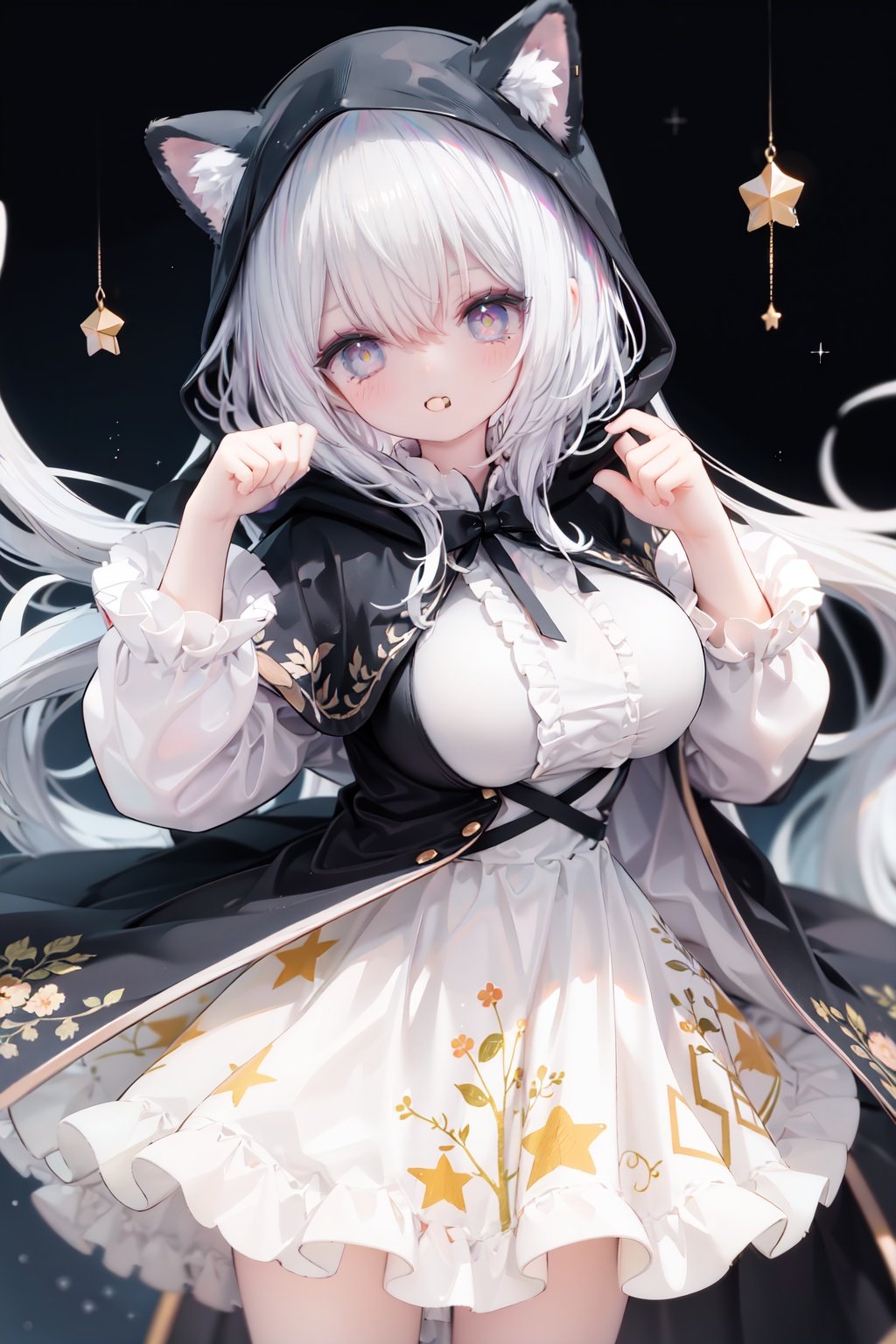 masterpiece, ((best quality)),  dynamic angle, chromatic aberration, ((colorful)),1girl, solo, hood, animal hood, breasts, frills, smile, hood up, yellow eyes, capelet, hair between eyes, blush, dress, long sleeves, looking at viewer, animal ears, large breasts, black ribbon, bangs, puffy long sleeves, :d, frilled dress, hand up, open mouth, white dress, puffy sleeves, hooded capelet, virtual *******r, frilled capelet, fang, white capelet, star (symbol)