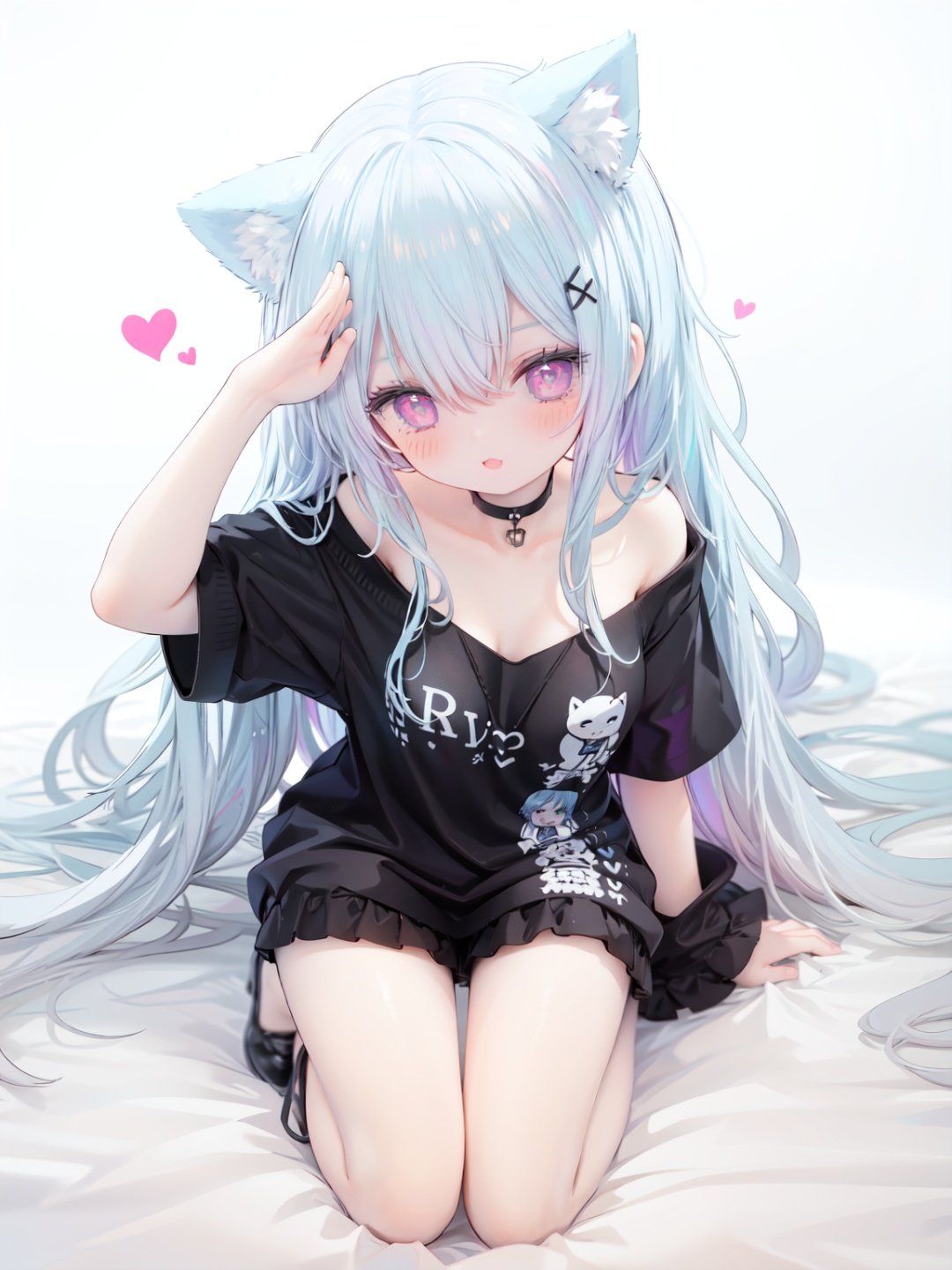 petite, loli, solo, animal ears, heart, puffy short sleeves, blue hair, long hair, off shoulder, bangs, hair ornament, gradient background,rainbow gradient, x hair ornament, animal ear fluff, looking at viewer, very long hair, blush, smile, cat ears, bare shoulders, collarbone, hand up, gradient sweater, hair between eyes, symbol-shaped pupils, arm up, heart-shaped pupils, hairclip, medium breasts, salute, bare legs,full body