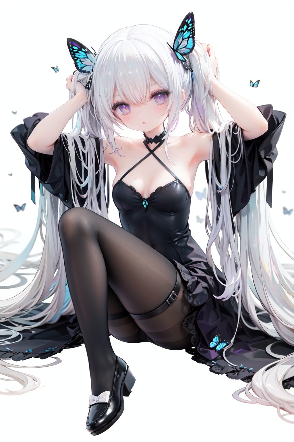 masterpiece, ((best quality)),  dynamic angle, chromatic aberration, ((colorful)),1girl, long hair, solo, very long hair, butterfly, pantyhose, bug, thigh strap, black dress, dress, looking at viewer, white hair, black footwear, blue butterfly, blue eyes, long sleeves, breasts, twintails, detached sleeves, absurdly long hair, bangs, full body, hair ornament, wide sleeves, brown pantyhose, blush, sitting, white background, butterfly hair ornament, small breasts, closed mouth, shoes, purple eyes, black pantyhose, hair between eyes, arms up, covered navel