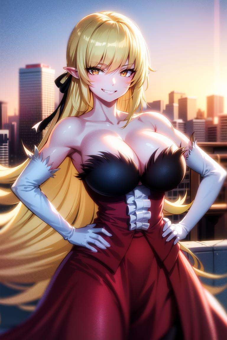 <lora:oshinoShinobu:1>, shinobuMature, masterpiece, best quality, absurdres, 1girl, blonde hair, solo, upper body, looking at viewer, outdoors, hands on hips, rooftop, cityscape, sunset, lens flare, hands on hips, cowboy shot, mature, large breasts, cleavage, red dress, elbow gloves, grin