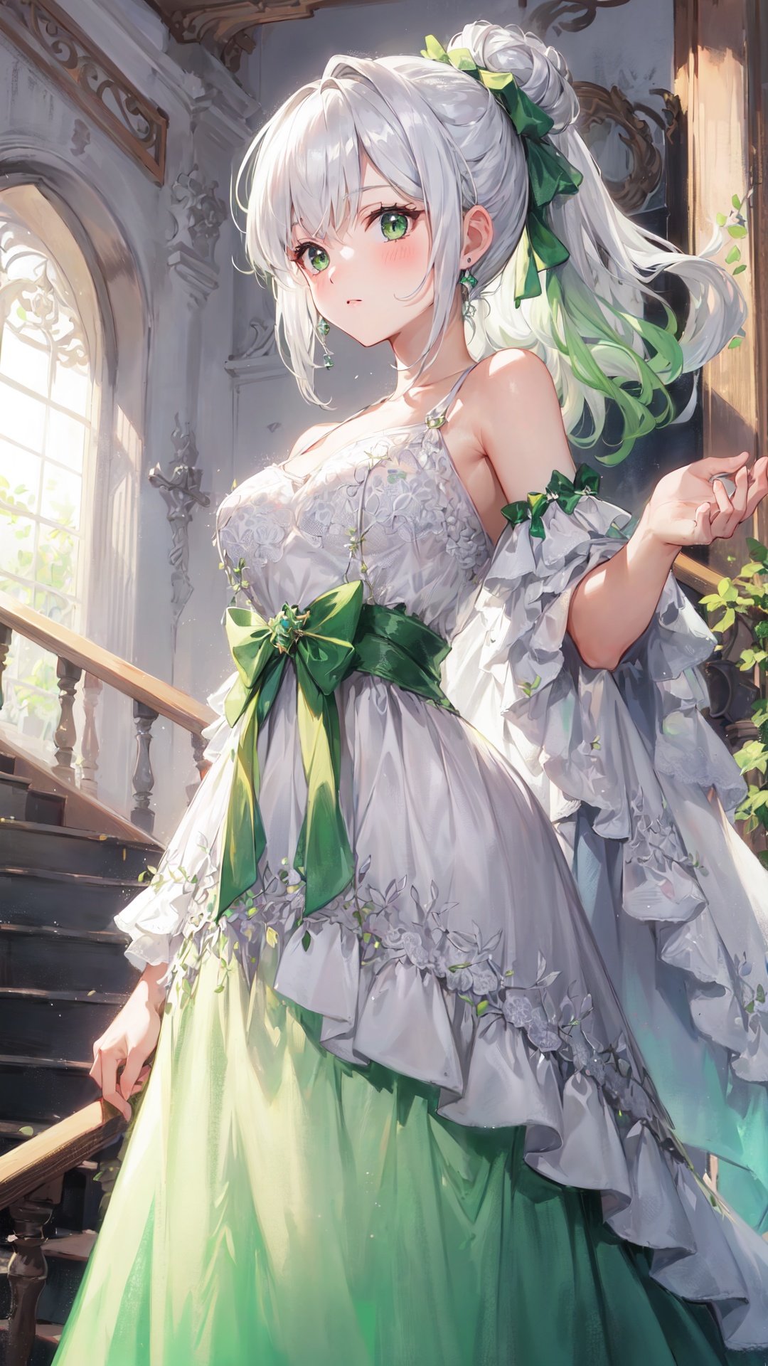 best quality, masterpiece,(solo),(close up),1girl,bright white hair,(haf updo),gray eyes,floating hair,(raise),,night gown,(gown_\\(White and green gradient color\\):1.2),bare shoulders,,in palace,hall,stair railing,sunlight,from below