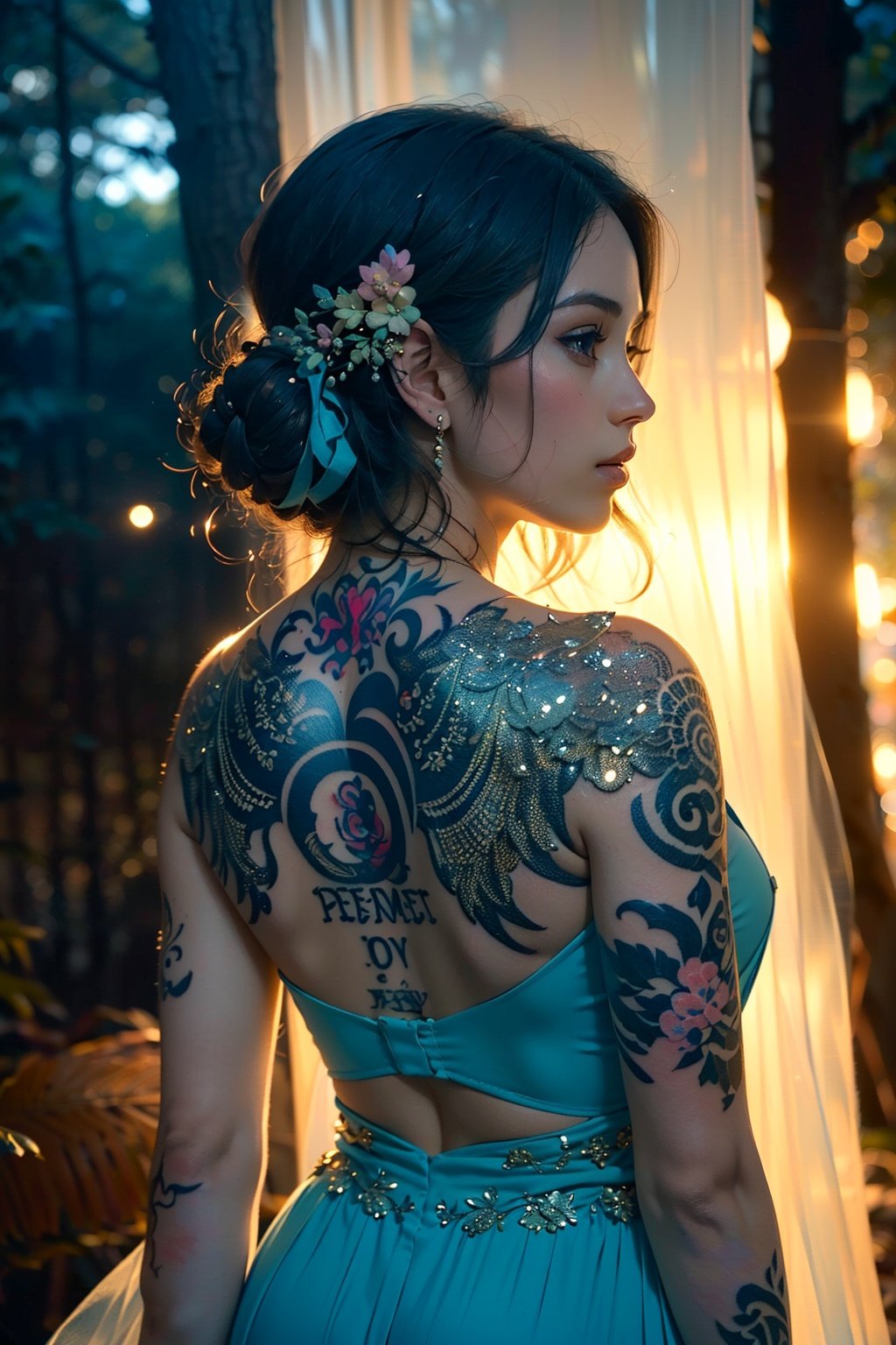 (1girl:1.2, body covered in words, words on body:1.1, tattoos of (words) on body:1.2), (masterpiece:1.4, best quality), medium breasts, (intricate details), unity 8k wallpaper, ultra detailed, (pastel colors:1.3), beautiful and aesthetic, see-through (clothes), detailed, solo <lora:epi_noiseoffset2:1.3>  in a forest, <lora:jellyfish-noise:1>