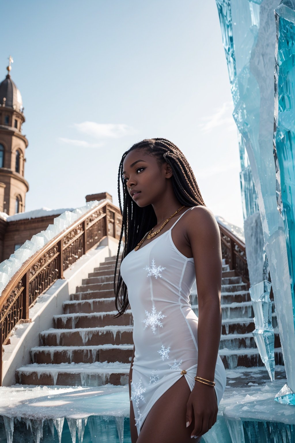 brown skin, (icy:1.4), depth of field, floral, smooth, parted clouds and an infinite golden staircase, over exposure, African girl