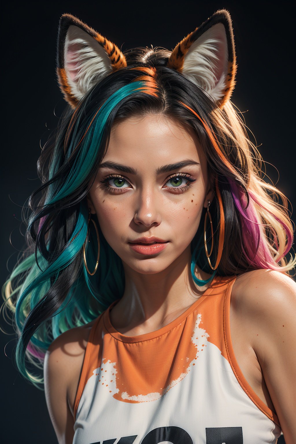 (masterpiece:1.1), (highest quality:1.1), (HDR:1.0), extreme quality, cg, (negative space), detailed face+eyes, 1girl, fox ears, animal ear fluff, (plants:1.18), (fractal art), (bright colors), splashes of color background, colors mashing, paint splatter, complimentary colors, neon, (thunder tiger), compassionate, electric, limited palette, synthwave, fine art, tan skin, upper body, (green and orange:1.2), time stop, sy3, SMM