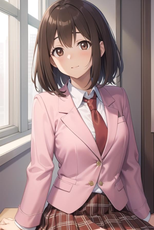 princessconnectyui, <lora:princessconnectyui-lora-nochekaiser:1>,yui, bob cut, (brown eyes:1.7), brown hair, medium hair,BREAK blazer, jacket, necktie, (pink jacket:1.5), plaid, plaid skirt, pleated skirt, red necktie, (red skirt:1.5), school uniform, skirt, tsubakigaoka metropolitan high school uniform,BREAK looking at viewer,BREAK indoors, classroom,BREAK <lyco:GoodHands-beta2:1>, (masterpiece:1.2), best quality, high resolution, unity 8k wallpaper, (illustration:0.8), (beautiful detailed eyes:1.6), extremely detailed face, perfect lighting, extremely detailed CG, (perfect hands, perfect anatomy),