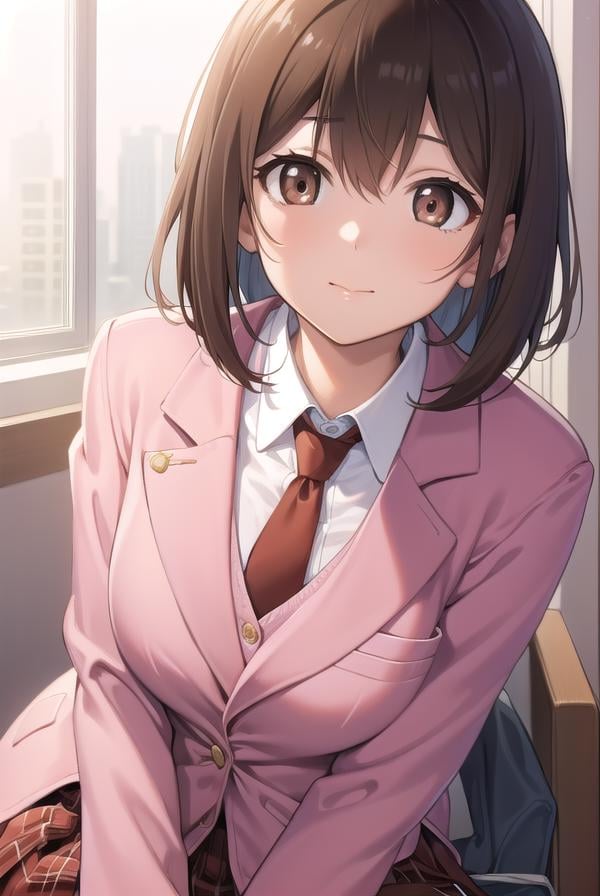 princessconnectyui, <lora:princessconnectyui-lora-nochekaiser:1>,yui, bob cut, (brown eyes:1.7), brown hair, medium hair,BREAK blazer, jacket, necktie, (pink jacket:1.5), plaid, plaid skirt, pleated skirt, red necktie, (red skirt:1.5), school uniform, skirt, tsubakigaoka metropolitan high school uniform,BREAK looking at viewer,BREAK indoors, classroom,BREAK <lyco:GoodHands-beta2:1>, (masterpiece:1.2), best quality, high resolution, unity 8k wallpaper, (illustration:0.8), (beautiful detailed eyes:1.6), extremely detailed face, perfect lighting, extremely detailed CG, (perfect hands, perfect anatomy),