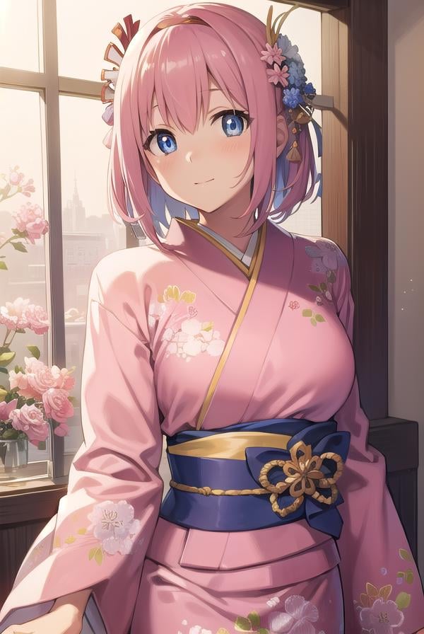 princessconnectyui, <lora:princessconnectyui-lora-nochekaiser:1>,yui, 1girl, blue eyes, hair between eyes, medium hair, pink hair, sidelocks,BREAK blue flower, floral print, flower, hair flower, hair ornament, hairband, japanese clothes, kimono, long sleeves, obi, pink kimono, print kimono, red flower, red hairband, sash, wide sleeves,BREAK looking at viewer,BREAK indoors, classroom,BREAK <lyco:GoodHands-beta2:1>, (masterpiece:1.2), best quality, high resolution, unity 8k wallpaper, (illustration:0.8), (beautiful detailed eyes:1.6), extremely detailed face, perfect lighting, extremely detailed CG, (perfect hands, perfect anatomy),