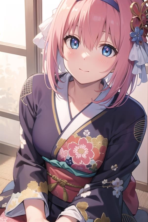 princessconnectyui, <lora:princessconnectyui-lora-nochekaiser:1>,yui, 1girl, blue eyes, hair between eyes, medium hair, pink hair, sidelocks,BREAK blue flower, floral print, flower, hair flower, hair ornament, hairband, japanese clothes, kimono, long sleeves, obi, pink kimono, print kimono, red flower, red hairband, sash, wide sleeves,BREAK looking at viewer,BREAK indoors, classroom,BREAK <lyco:GoodHands-beta2:1>, (masterpiece:1.2), best quality, high resolution, unity 8k wallpaper, (illustration:0.8), (beautiful detailed eyes:1.6), extremely detailed face, perfect lighting, extremely detailed CG, (perfect hands, perfect anatomy),