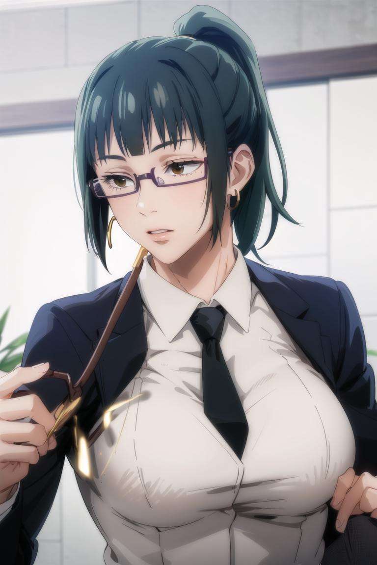 1girl, upper body, beautiful ,zenin_maki,ponytail,glasses,bangs,green hair,brown eyes, indoor,hoop Earrings, office lady, black suit, business clothes, black necktie, smalllips, volumetric lighting, best quality, masterpiece, intricate details, tonemapping, sharp focus, hyper detailed, trending on Artstation