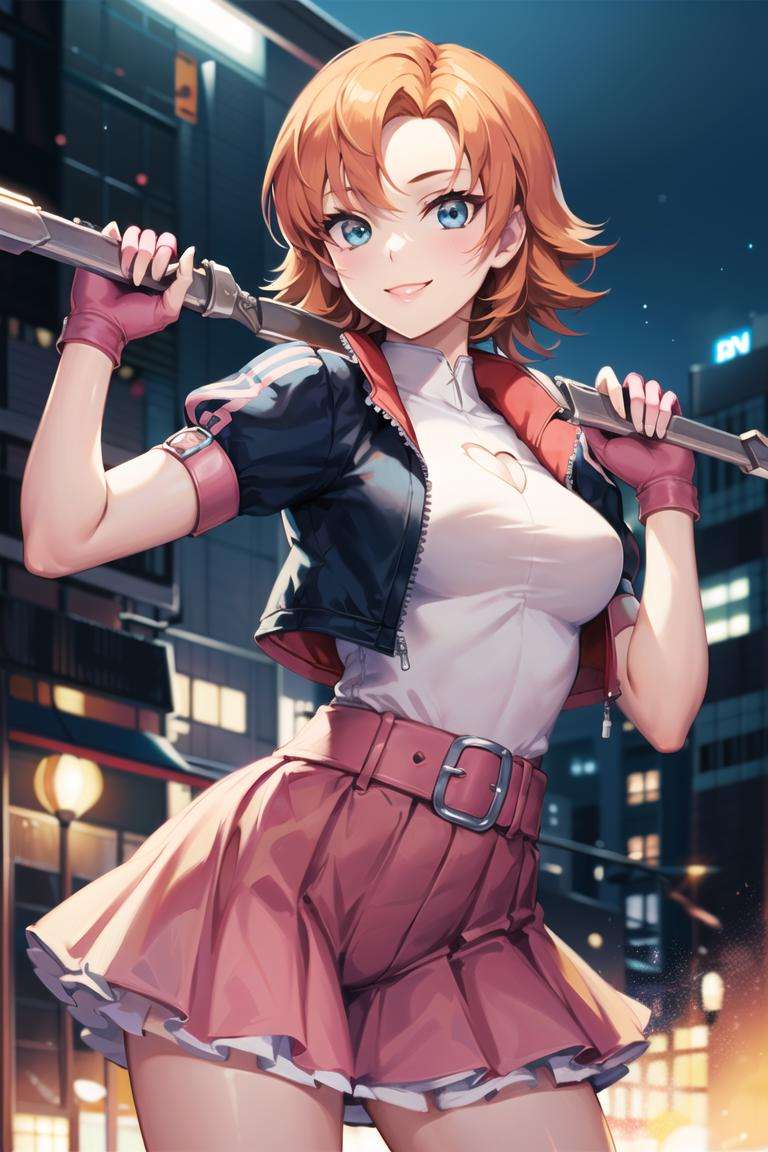 1girl,cowboy shot, beautiful nora_valkyrie, looking at viewer, smile, short hair, blue eyes,heart cutout, gloves,  jacket, pink skirt, pink belt, short sleeves, puffy sleeves, single armband, fingerless gloves, orange hair, pink gloves, dynamic pose, night, outdoors, city, (volumetric lighting), best quality, masterpiece, intricate details, tonemapping, sharp focus, hyper detailed, trending on Artstation,