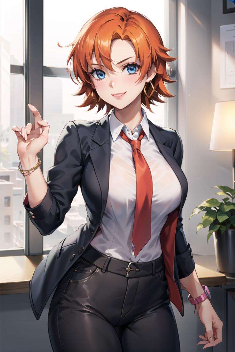 1girl,cowboy shot, beautiful (nora_valkyrie), looking at viewer, smile, short hair, blue eyes, orange hair, indoor,hoop earring, office lady, black suit,pants, business clothes, black necktie,long necktie,black blet,clock,bracelet, open jacket,(night), window, (volumetric lighting), best quality, masterpiece, intricate details, tonemapping, sharp focus, hyper detailed, trending on Artstation,