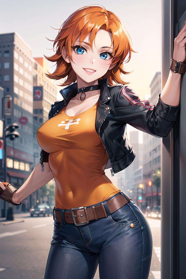 1girl,cowboy shot, beautiful (nora_valkyrie), looking at viewer, smile, short hair, blue eyes, orange hair, green shirt, pants, belt, dynamic pose,choker, long jacket, city, smile, outdoors(volumetric lighting), best quality, masterpiece, intricate details, tonemapping, sharp focus, hyper detailed, trending on Artstation,