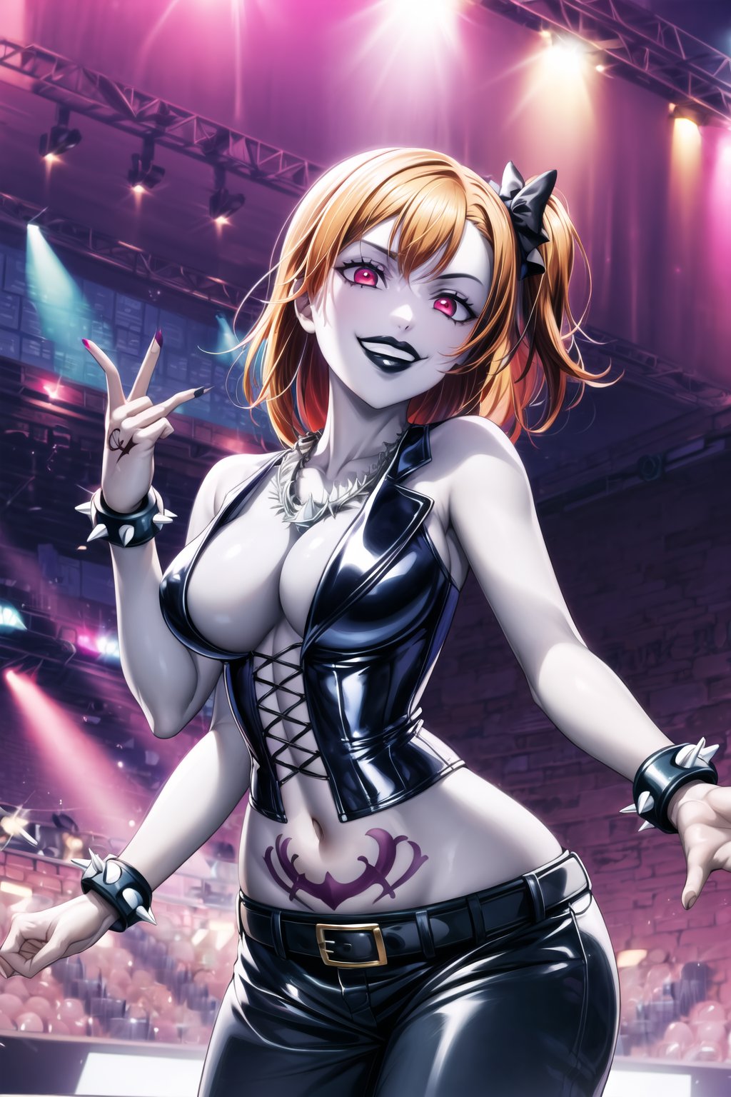 ((best quality)),  ((highly detailed)),  masterpiece,  ((official art)),(stage), glowstick, stereo, disco_ball, , light_particles, stage_lights,  kousaka honoka, yellow hair bow, one side up, orange hair, , medium hair,(RockOfSuccubus),  (lips:1.2), (black lips:1.4), grin,  (red eyes:1.2),  smirk:1.1, evil smile, teeth, necklace , large breasts,  navel,  cleavage,  midriff,  belt,  vinyl pants, (tattoo:1.1),  (pubic tattoo:1.2), (latex), (shiny clothes:1.3), makeup,  (colored skin:1.3),   (pale skin:1.5),  bare shoulders, cross-laced clothes,  (spiked bracelet),  corset,  bustier,   intricately detailed,  hyperdetailed,  blurry background, depth of field,  best quality,  masterpiece,  intricate details,  tonemapping,  sharp focus,  hyper detailed,  trending on Artstation, 1 girl,  high res,  official art