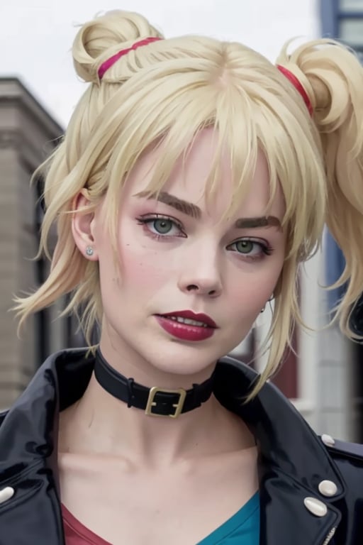 masterpiece, best quality,Harley quinn, hair bangs, Blonde, chocker, jacket,Margot robbie face,  photorealistic, upperbody, low lighting, big city, RAW PHOTOGRAPHY, attractive face,   <lora:harleyquinn-lora-nochekaiser:0.7> full Red eyeshadow, pale skin   <lora:margotrobbie_v2:0.7>