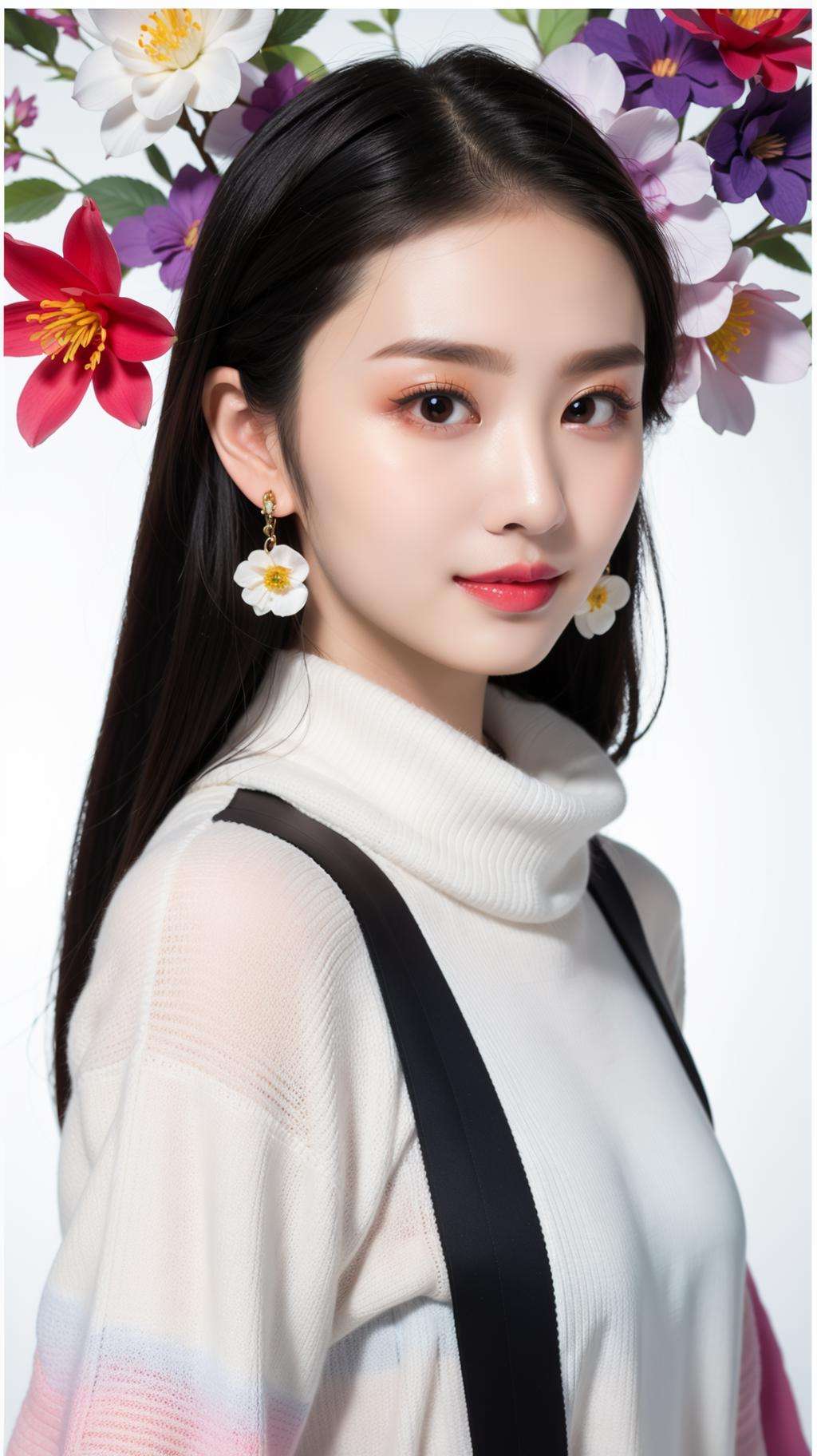 <lora:YJ_20230910182544:0.7>,jing,1girl,solo,upper body,(gradient color sweater:1.1),shawl hair,realistic,black hair,earrings,looking at viewer,jewelry,lips,upper body,white background,smile,long hair,YJ,flower,(poster background:1.3),