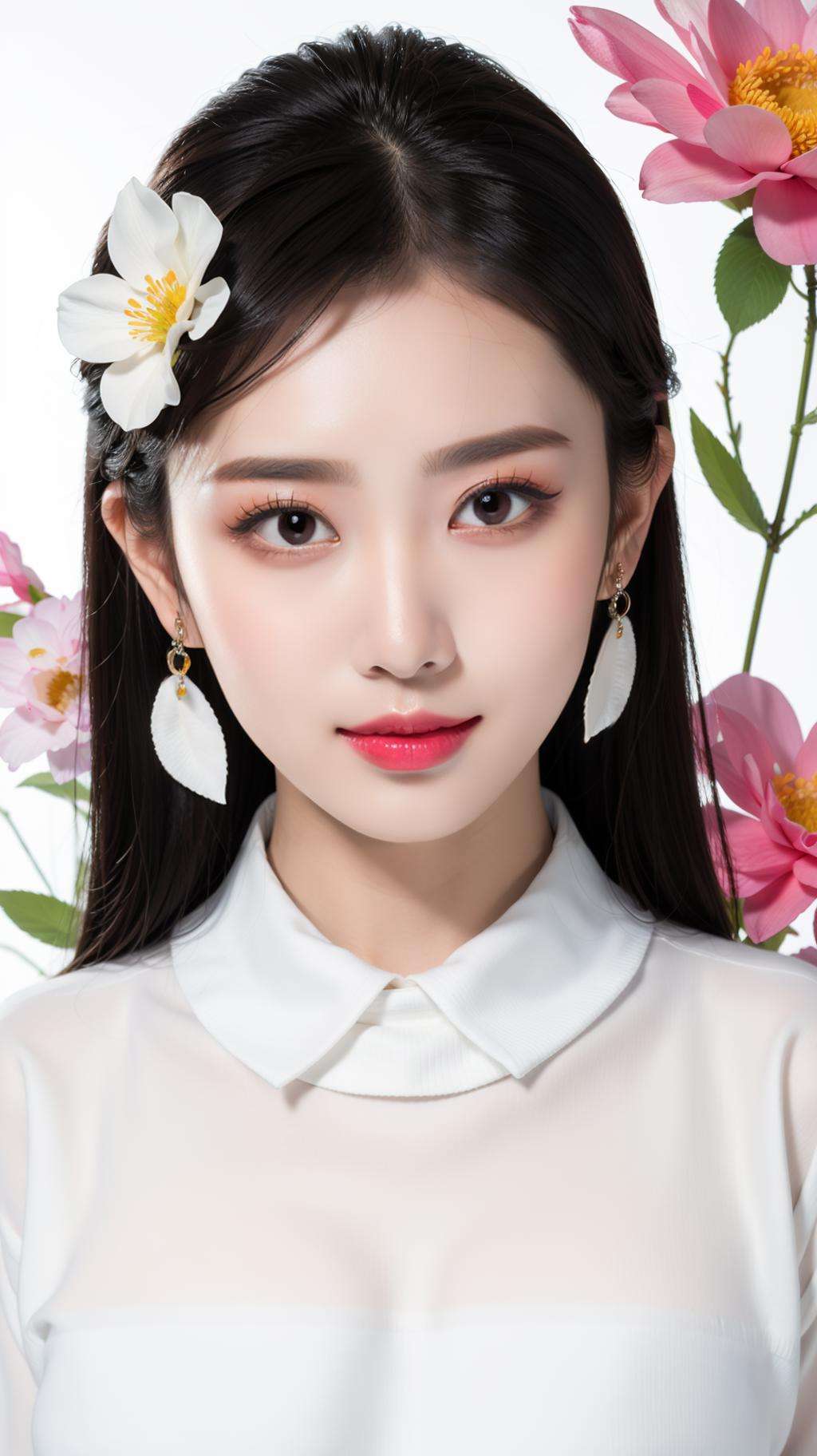 <lora:YJ_20230910182544:0.7>,jing,1girl,solo,upper body,(gradient color sweater:1.1),shawl hair,realistic,black hair,earrings,looking at viewer,jewelry,lips,upper body,white background,smile,long hair,YJ,flower,(poster background:1.3),