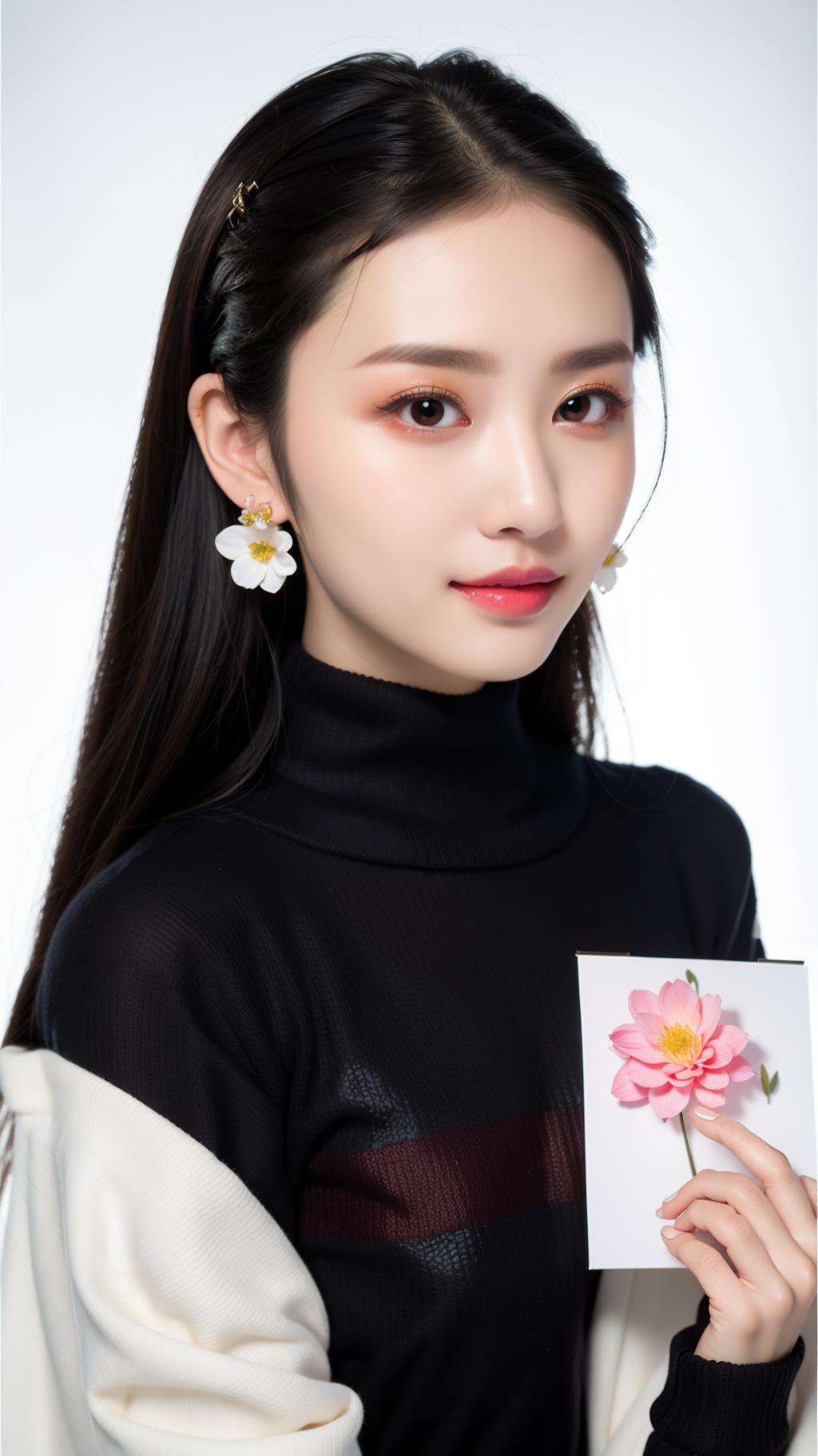 <lora:YJ_20230910182544:0.7>,jing,1girl,solo,upper body,(gradient color sweater:1.1),shawl hair,realistic,black hair,earrings,looking at viewer,jewelry,lips,upper body,white background,smile,long hair,YJ,flower,(poster background:1.3),