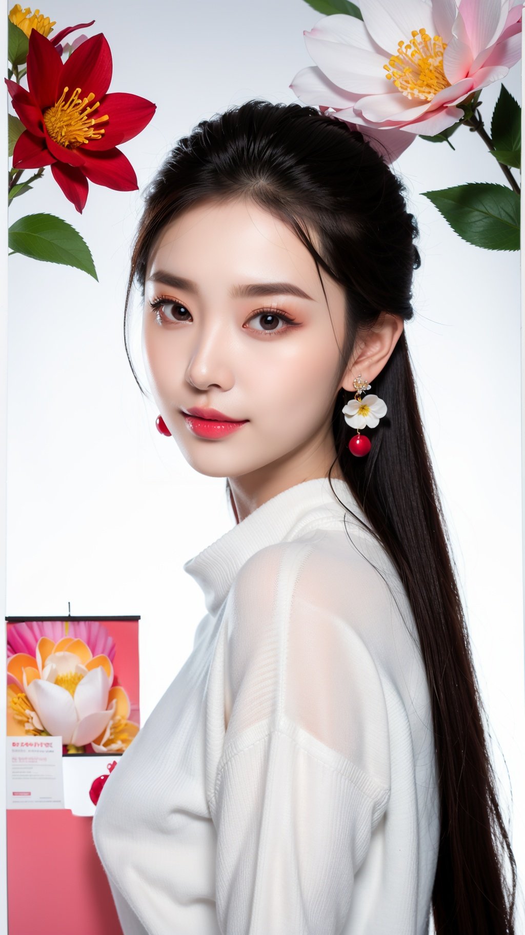 <lora:YJ_20230910182544:0.7>,jing,1girl,solo,upper body,(gradient color sweater:1.1),shawl hair,realistic,black hair,earrings,looking at viewer,jewelry,lips,upper body,white background,smile,long hair,YJ,flower,(poster background:1.3),