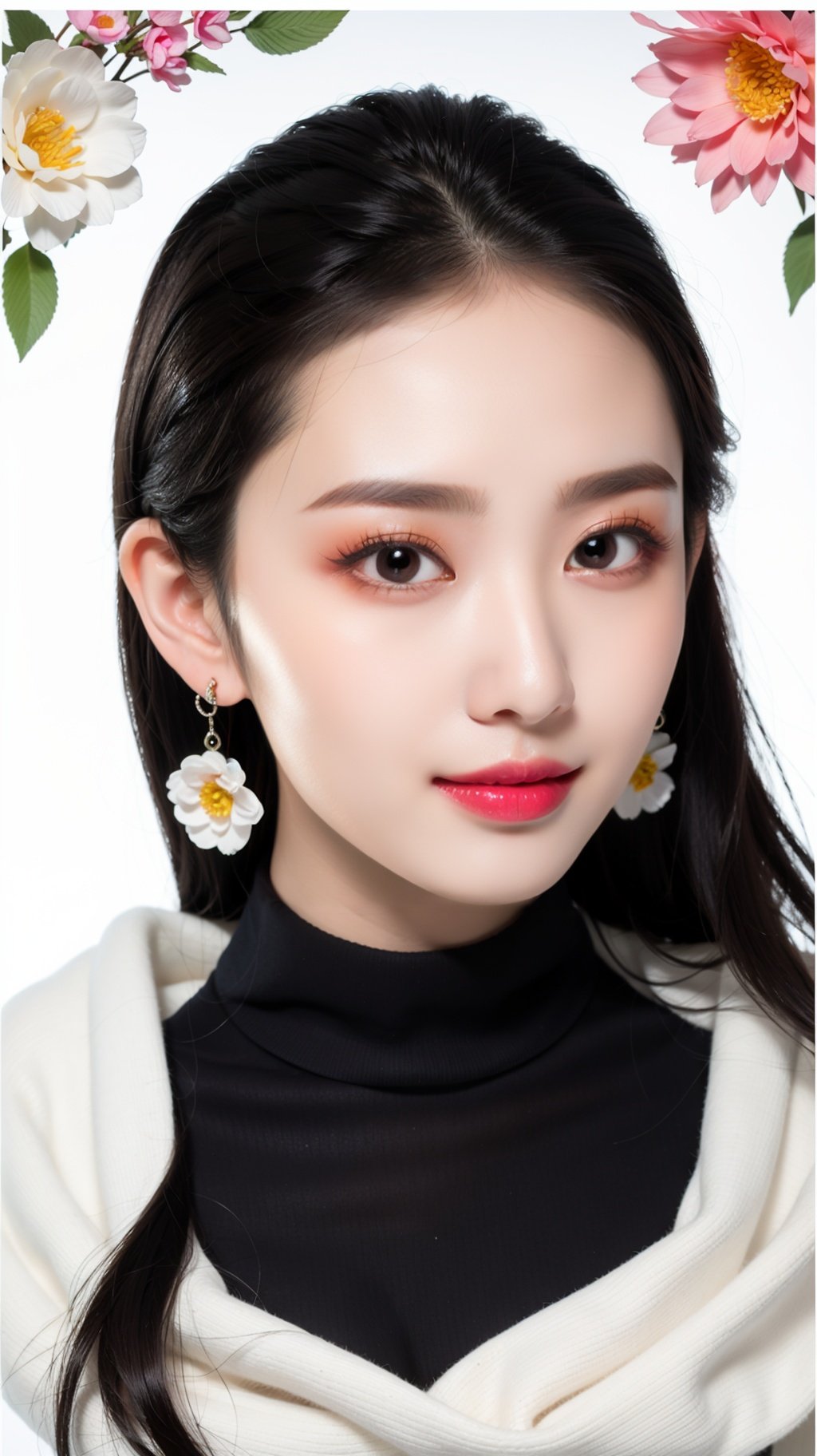 <lora:YJ_20230910182544:0.7>,jing,1girl,solo,upper body,(gradient color sweater:1.1),shawl hair,realistic,black hair,earrings,looking at viewer,jewelry,lips,upper body,white background,smile,long hair,YJ,flower,(poster background:1.3),