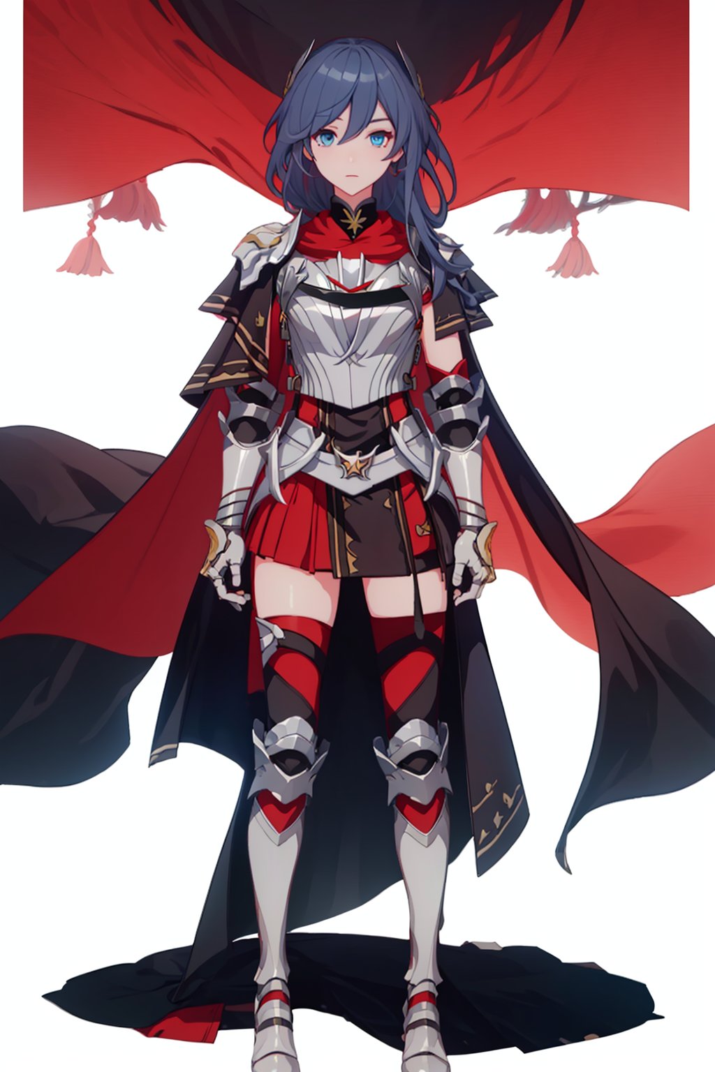 (masterpiece:1.3),(the best quality:1.2),(super fine illustrations:1.2),(Masterpiece),high quality,high detail,(white background:1.2),looking at viewer,(SOLO:1.4),outline,simple background,, pauldrons,thighhighs,breastplate,red cape,red skirt,blue eyes,hair_between_eyes,fu_hua,long hair,shoulder armor,armor,