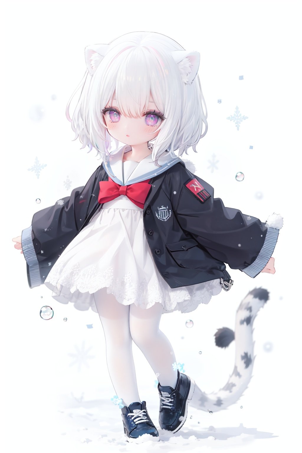 cute,Infant,solo blue shirt,blue sailor coat,loli,full body,white hair,snow leopard ear,white background,pink eyes,laugh,happy,white pantihose,white pantyhose,red armband,