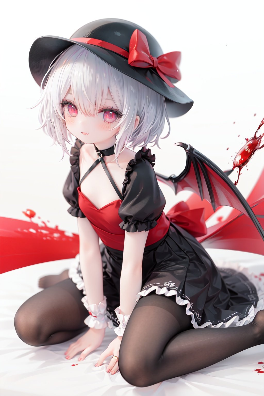 (little girl:1.4), (child:1.4),(petite:1.4), (loli:1.4),,,((solo:1.3)).,1girl, solo, wings, red eyes, hat, remilia scarlet, red background, mob cap, bat wings, ascot, blood, short sleeves, bow, short hair, ribbon, blood on hands, looking at viewer, simple background, full body, puffy sleeves, hat ribbon, blood on face, dress, brooch, red nails, pantyhose, red bow, puffy short sleeves, smile, black pantyhose, wrist cuffs, red ribbon, sitting, jewelry, red ascot, frills, hair between eyes, skirt, white dress, fingernails, sash, shirt, nail polish, no shoes, red theme, sharp fingernails, bangs, tongue, hat bow, grey hair, closed mouth, tongue out, white headwear, slit pupils, blood on clothes, skirt set, hand up, frilled sleeves, invisible chair, white skirt, vampire, frilled shirt collar/.,\nSolo,Battle, {{{{{Slash}}}}},Killing,Attacker,{{Fierce movement}},Ninja,Bloodstain,Core shadow,splatter,{Blood},{{{{Battle scene}}}},angry,Intricate,,{{{Dynamic angle}}},{Stylish pose},{High contrast,Extremely detailed CG unity 8K wallpaper} Sense of movement,blurry background,Kaotic,Lunatic,[[[[[hyper paint, rough design, flat color]]]]],Grin,Whole body,Colorful background,Intricate,Girl wearing black suit,Looking at viewers,{{Stylish}},Persona 5 style art,{{{all out attack(persona 5)}}}