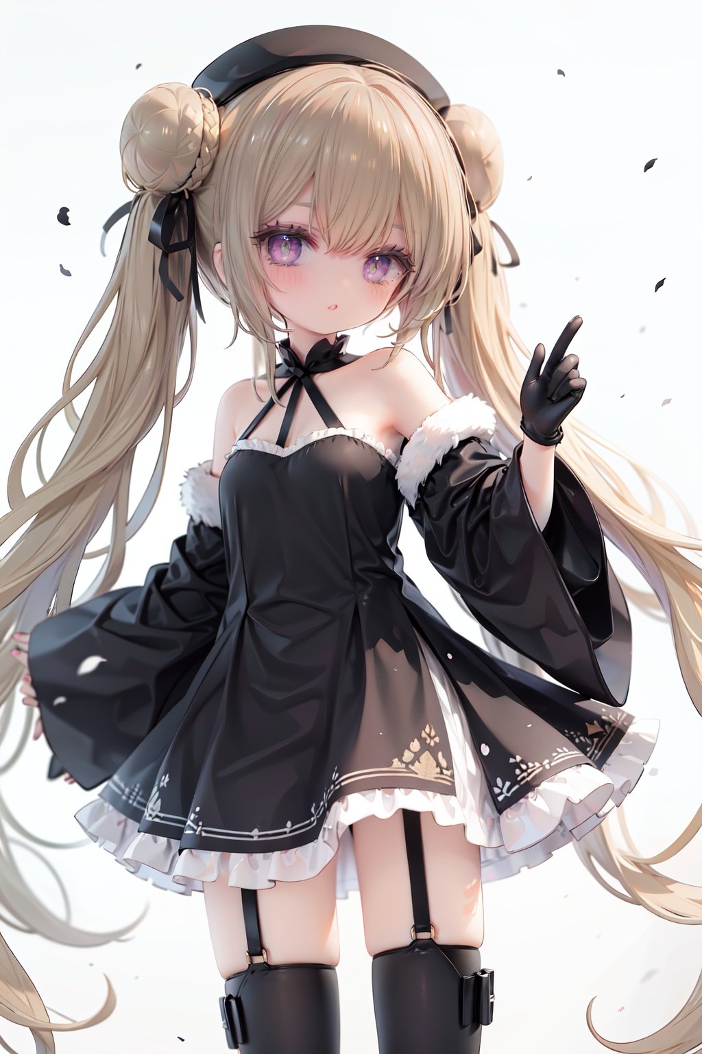 1girl, dress, double bun, hair bun, long hair, black dress, twintails, looking at viewer, smile, hat, bangs, brown hair, white background, solo, open mouth, blush, black headwear, very long hair, garter straps, thighhighs, bare shoulders, beret, :d, ribbon, black gloves, simple background, long sleeves, nail polish, black footwear, red ribbon, bow, gloves, wide sleeves, animal, hair ribbon, boots, red nails, sheath, sheathed, hair between eyes