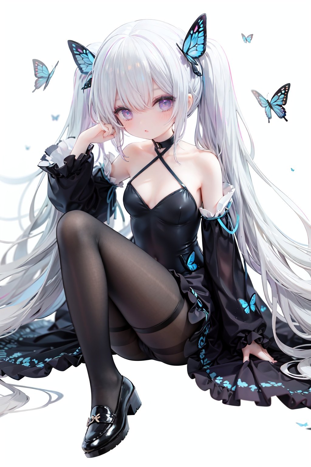 masterpiece, ((best quality)),  dynamic angle, chromatic aberration, ((colorful)),1girl, long hair, solo, very long hair, butterfly, pantyhose, bug, thigh strap, black dress, dress, looking at viewer, white hair, black footwear, blue butterfly, blue eyes, long sleeves, breasts, twintails, detached sleeves, absurdly long hair, bangs, full body, hair ornament, wide sleeves, brown pantyhose, blush, sitting, white background, butterfly hair ornament, small breasts, closed mouth, shoes, purple eyes, black pantyhose, hair between eyes, arms up, covered navel