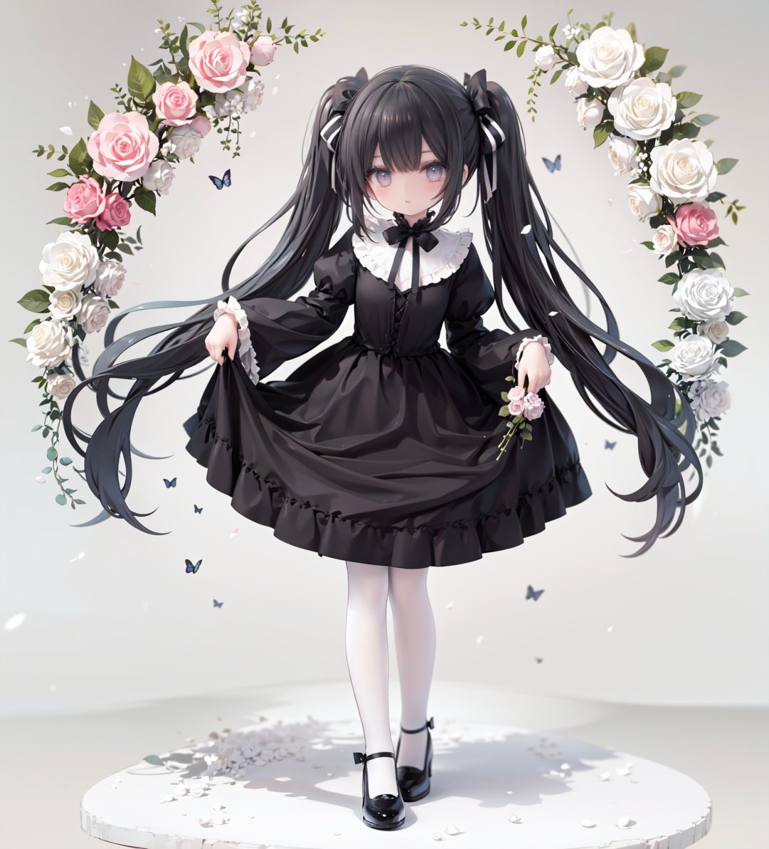 masterpiece, ((best quality)),  dynamic angle, chromatic aberration, ((colorful)),1girl, solo, black hair, long hair, dress, butterfly, bug, twintails, black footwear, lolita fashion, very long hair, pantyhose, black dress, long sleeves, bow, full body, bangs, flower, puffy sleeves, standing on one leg, shoes, white pantyhose, hair bow, looking at viewer, grey eyes, frills, standing, gothic lolita, blush, juliet sleeves, black bow, frilled dress, white flower, rose, closed mouth, skirt hold, petals, wide sleeves, mary janes, white rose