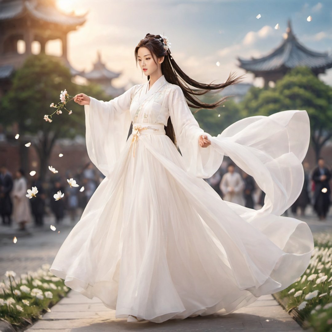 masterpiece, 1girl, Look at me, Handsome, Long hair, Bun, Hanfu, Fly up, Use Holy Light magic, Fantasy art, A fantastic scene, Outdoor, The sky, Under your feet is the city., Light and shadow, Floating petals, Lots of particle effects, Plenty of white flowers, textured skin, super detail, best quality,True Love