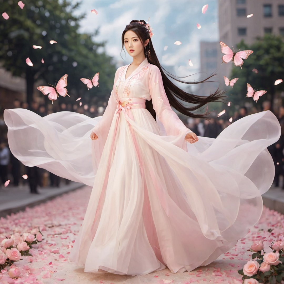 masterpiece, 1 girl, Look at me, Long hair, Bun, White gold-rimmed hanfu, Fly up, Use dark magic., Fire element, Fantasy art, Outdoor, Under your feet is the city., Floating petals, Lots of particle effects, Pink roses, Glowing butterflies, Flying sparks, textured skin, super detail, best quality,