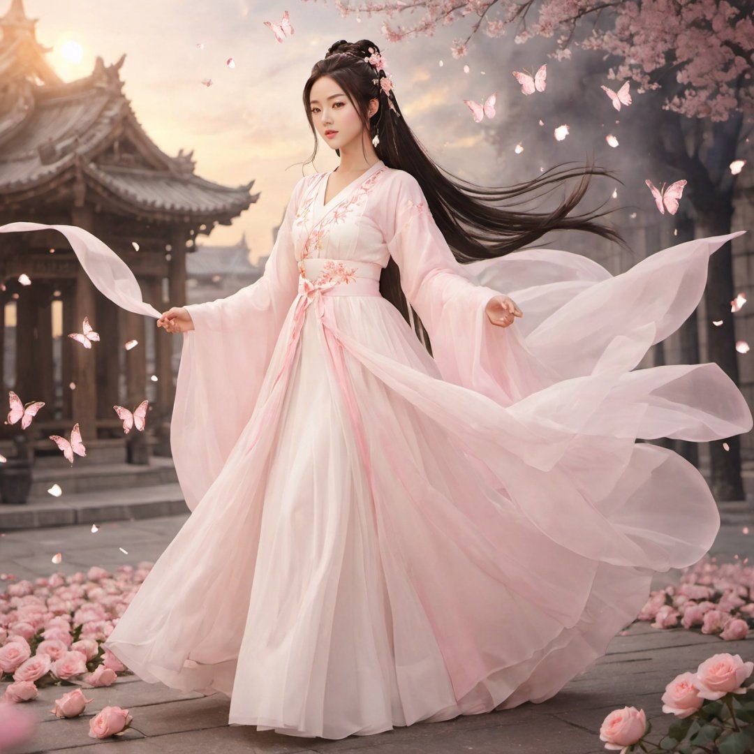 masterpiece, 1 girl, Look at me, Long hair, Bun, White gold-rimmed hanfu, Fly up, Use dark magic., Fire element, Fantasy art, Outdoor, Under your feet is the city., Floating petals, Lots of particle effects, Pink roses, Glowing butterflies, Flying sparks, textured skin, super detail, best quality,