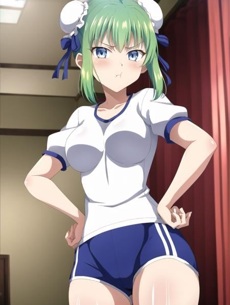 asaricurry, anime screencap, cowboy shot, 1girl, pout, puffy cheeks, mad, hands on hips, looking at viewer, breasts, large breasts, Kelly Green hair, (curtain Bangs, cone hair bun:1.3), hazel eyes, wearing galoshes and gym shorts with no jewelry or neckwear, at(shipyard:1.3), incredibly absurdres, 8k wallpaper, finely detailed background, amazing background