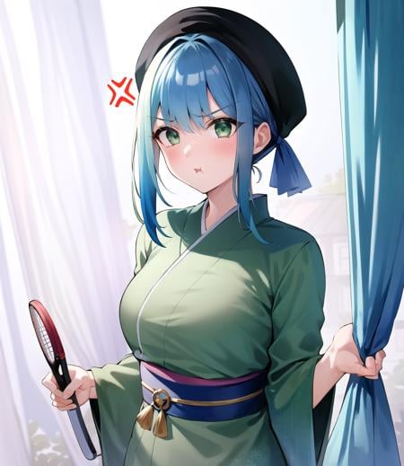 spoken anger vein, pout, speech bubble, cowboy shot, 1girl, open mouth, breasts, sarashi, Tennis Court Blue hair, (gradient hair), (curtain Bangs, hair flaps:1.3), (dark green eyes:1.3), wearing layered kimono, hair tie and no headwear, at outdoors and (mist:1.3), incredibly absurdres, 8k wallpaper, finely detailed background, amazing background