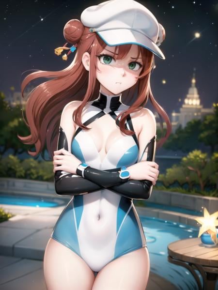 cubedcoconut, cowboy shot, 1girl, pout, puffy cheeks, sad, crossed arms, breasts, flat chest, no cleavage, Racing Red hair, (streaked hair), (godiva Hair, cone hair bun:1.3), green eyes, sarashi, cleavage, wearing jammers, no hair accessories and flat cap, at (gradient:1.3), incredibly absurdres, 8k wallpaper, finely detailed background, amazing background